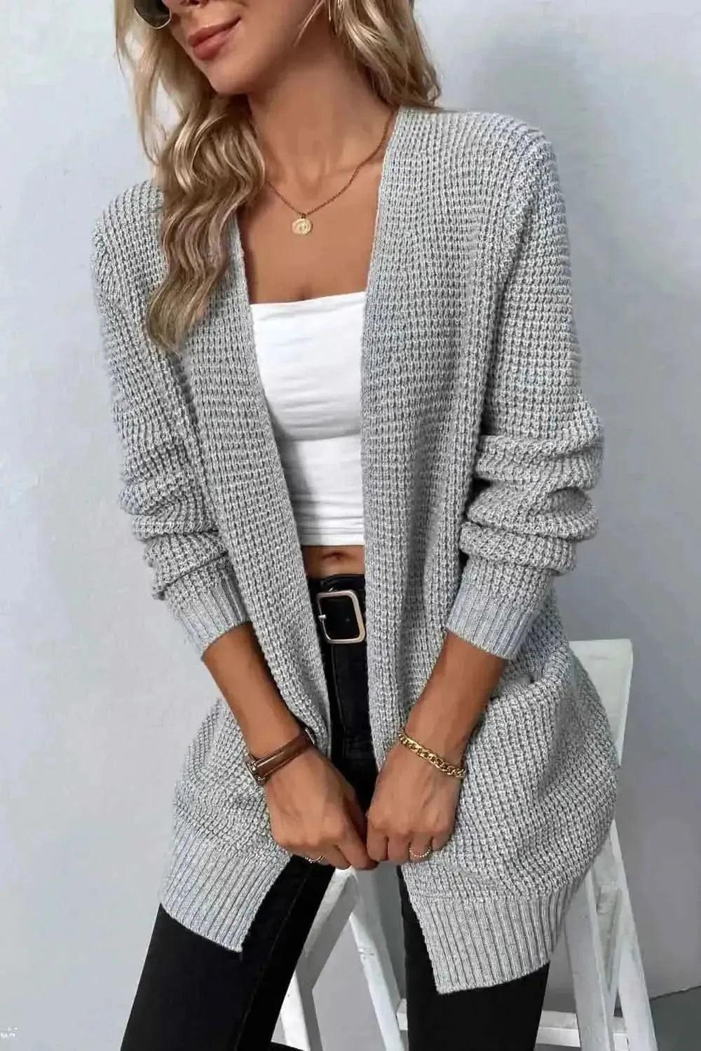 Rib-Knit Open Front Pocketed Cardigan - Bad Moms Club