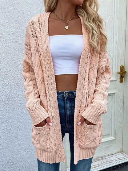 Woven Right Cable-Knit Open Front Cardigan with Front Pockets - Bad Moms Club