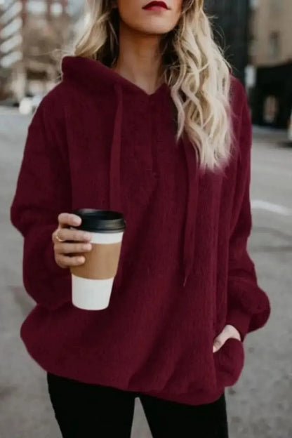 Full Size Quarter-Zip Drawstring Teddy Hoodie - Bad Moms Club