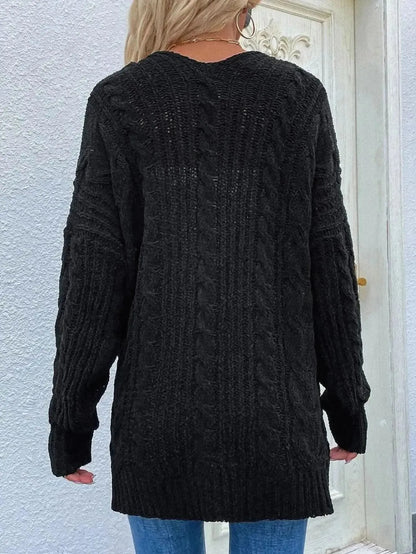 Woven Right Cable-Knit Open Front Cardigan with Front Pockets - Bad Moms Club
