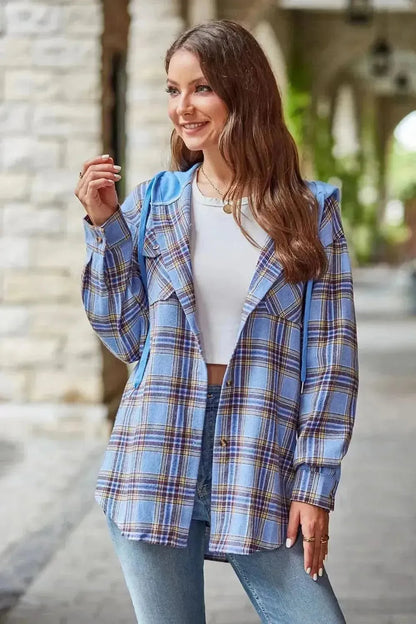 Plaid Long Sleeve Hooded Jacket - Bad Moms Club