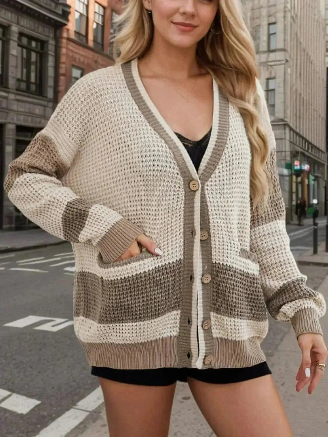 Contrast Button Up Long Sleeve Cardigan - Bad Moms Club