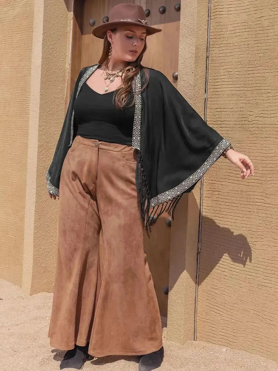 Plus Size Geometric Open Front Fringe Hem Cardigan - Bad Moms Club