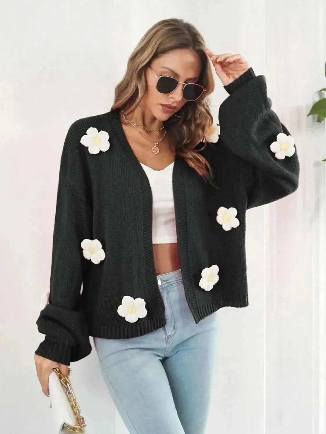 Floral Open Front Long Sleeve Cardigan - Bad Moms Club