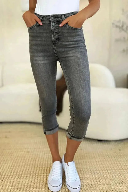 Judy Blue Full Size Button Fly High Waist Cuffed Capris - Bad Moms Club