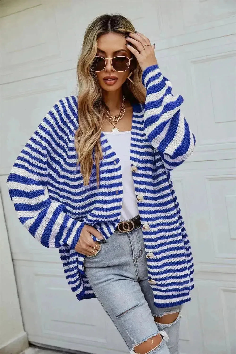 Striped Button Up Long Sleeve Cardigan - Bad Moms Club
