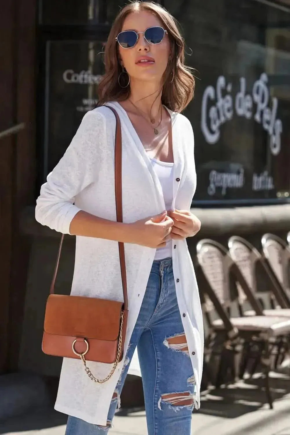 Double Take Button Down Long Sleeve Longline Cardigan - Bad Moms Club