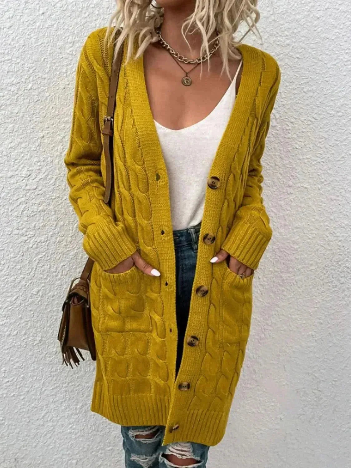 Cable-Knit Button Down Cardigan with Pockets - Bad Moms Club