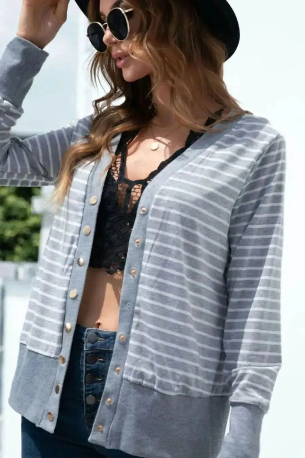 Striped Snap Down Long Sleeve Cardigan - Bad Moms Club