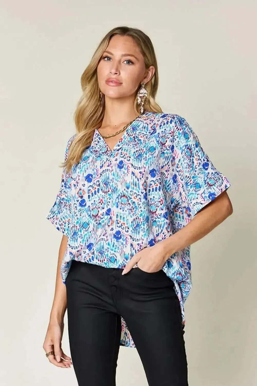 Double Take Full Size Printed V-Neck Short Sleeve Blouse - Bad Moms Club