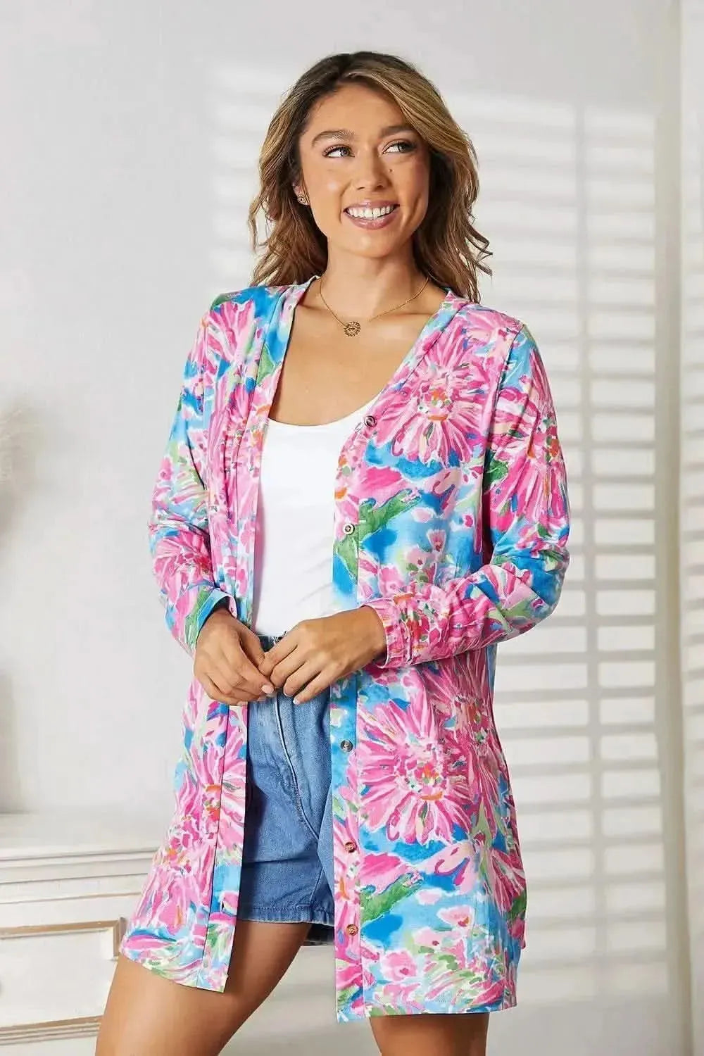 Double Take Floral Open Front Long Sleeve Cardigan - Bad Moms Club