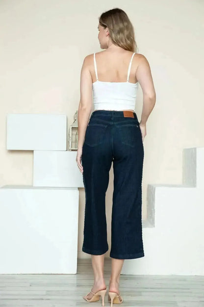 Judy Blue Full Size Side Seam Braid Detail Crop Wide Leg Jeans - Bad Moms Club