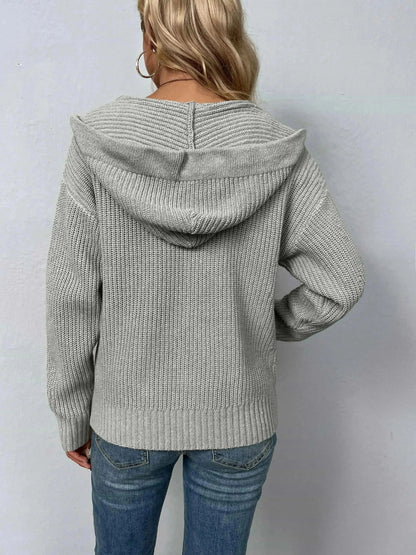 Zip-Up Drawstring Detail Hooded Cardigan - Bad Moms Club