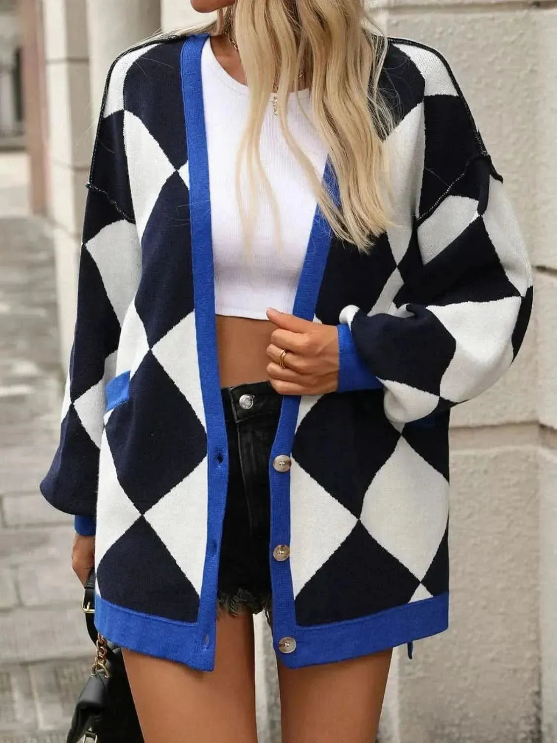 Checkered Dropped Shoulder Long Sleeve Cardigan - Bad Moms Club
