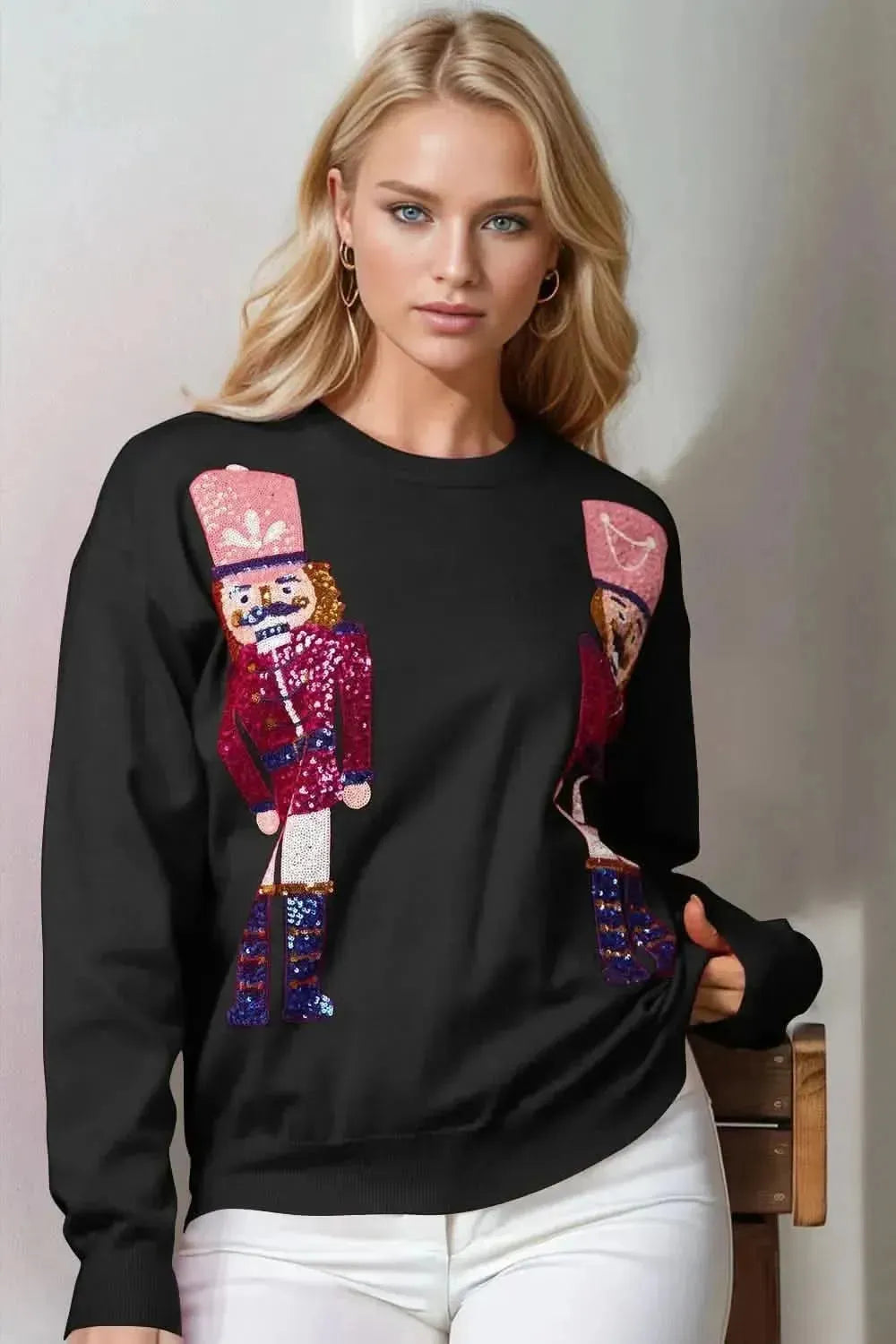 Double Take Full Size Nutcracker Sequin Long Sleeve Sweater - Bad Moms Club