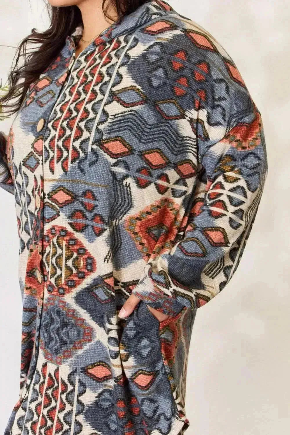 Heimish Full Size Printed Button Up Hooded Jacket - Bad Moms Club
