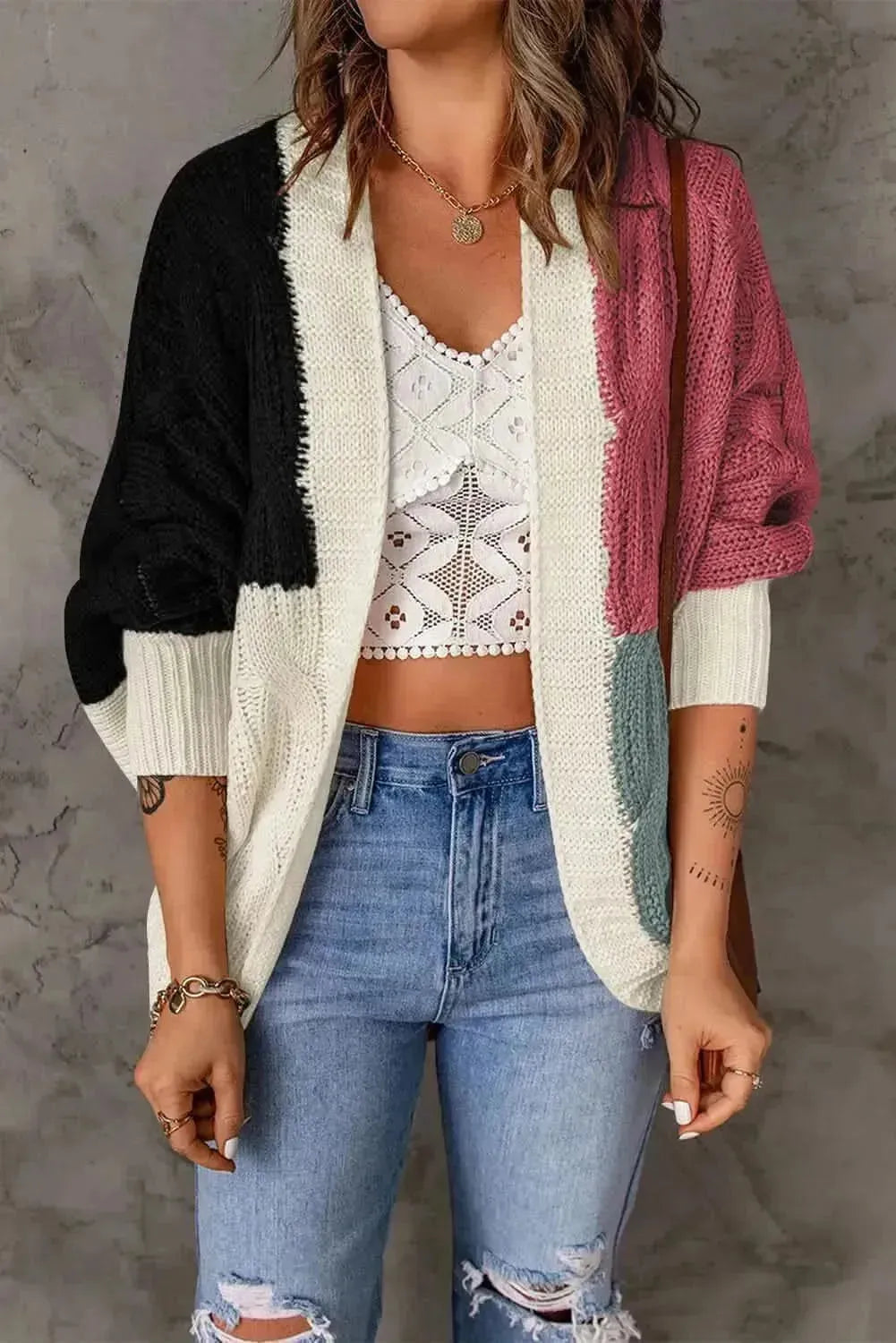 Woven Right Color Block Cable-Knit Batwing Sleeve Cardigan - Bad Moms Club