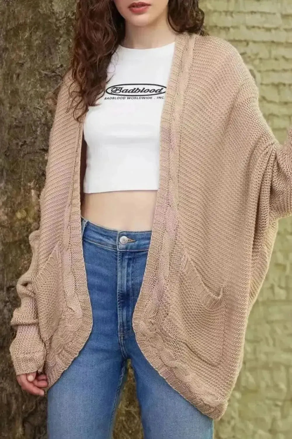 Cable-Knit Open Front Cardigan with Pockets - Bad Moms Club