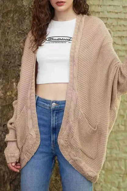Cable-Knit Open Front Cardigan with Pockets - Bad Moms Club