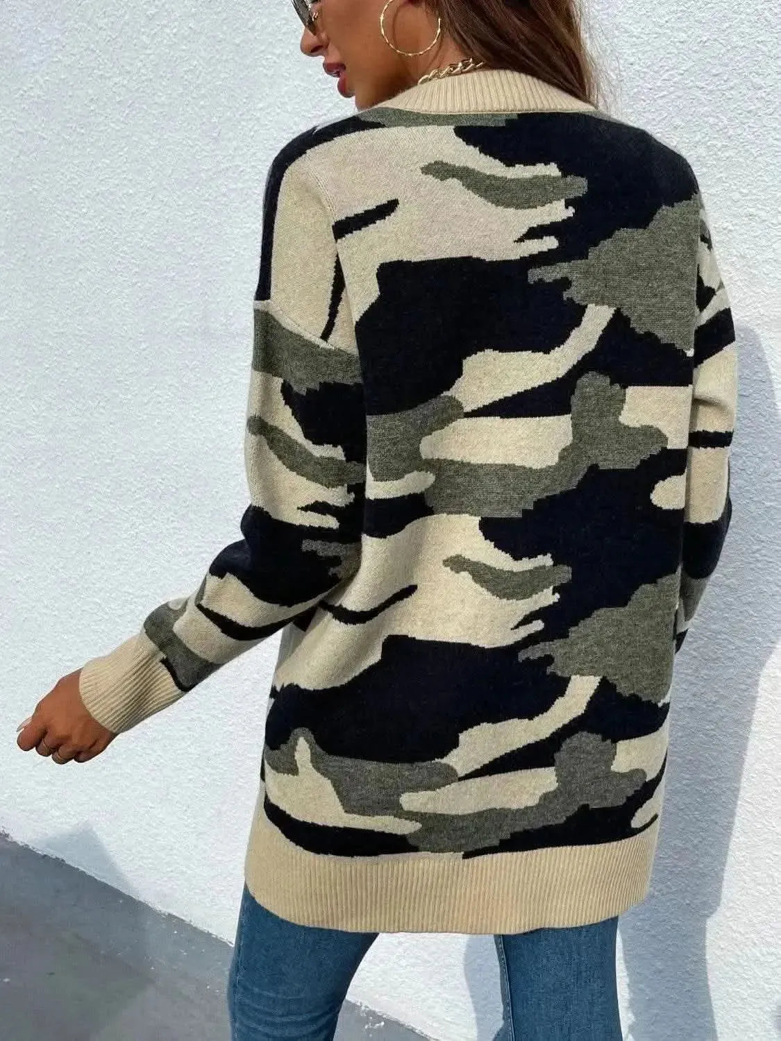 Camouflaged Dropped Shoulder Open Front Cardigan - Bad Moms Club