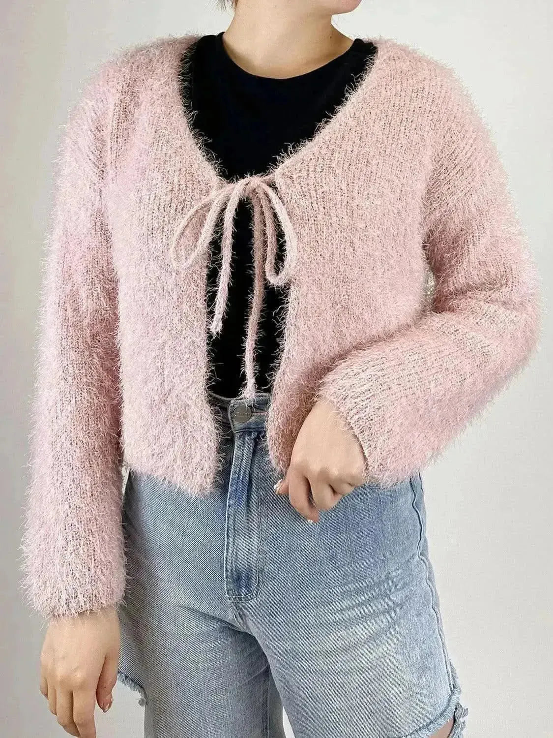 Tied Open Front Dropped Shoulder Cardigan - Bad Moms Club