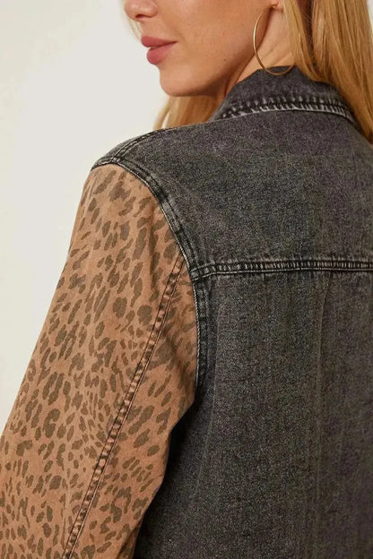 MeiMei Leopard Raw Hem Pocketed Denim Jacket - Bad Moms Club