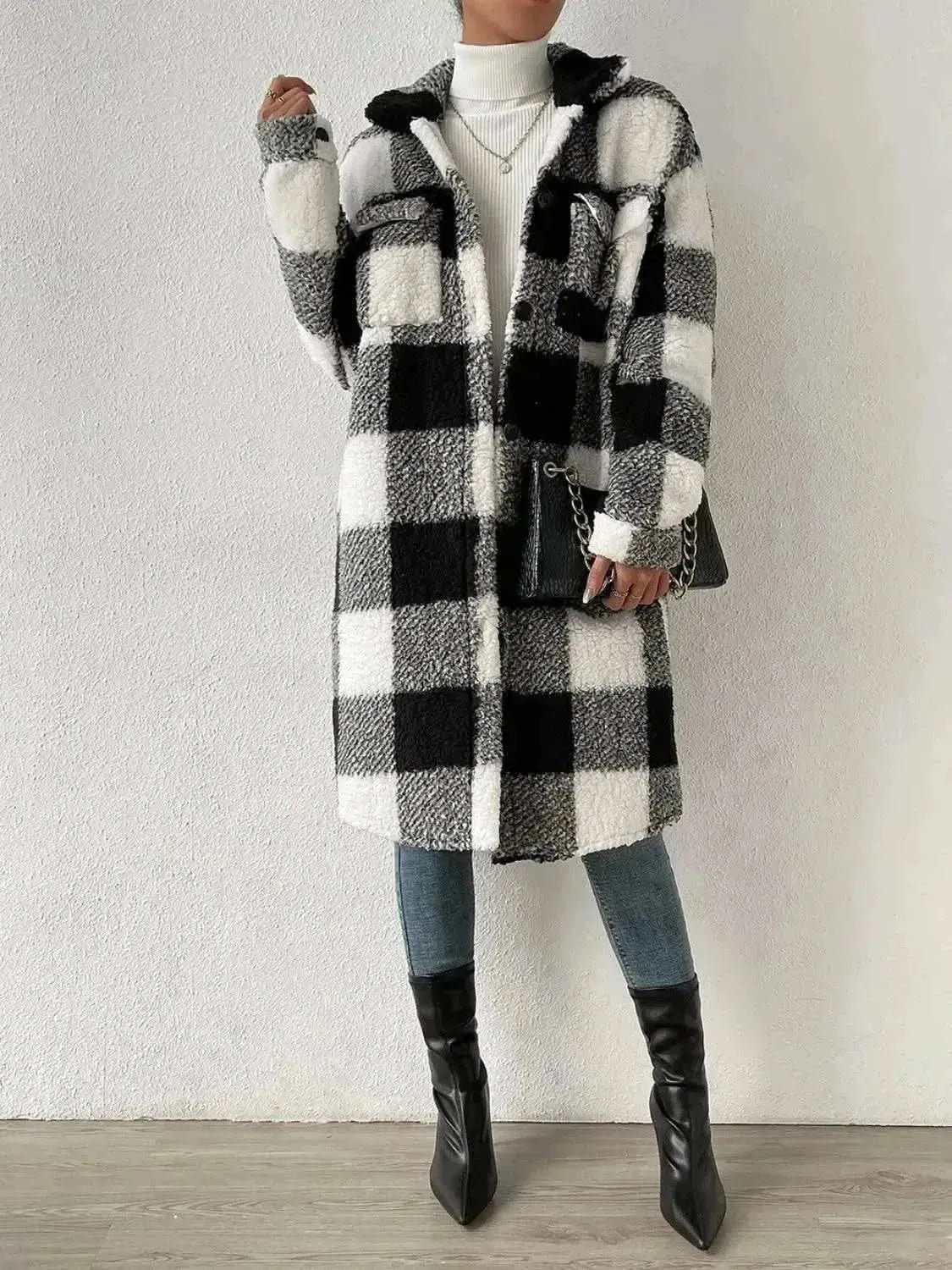 Plaid Collared Neck Button Down Coat - Bad Moms Club