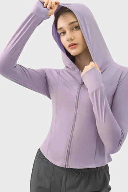 Pocketed Zip Up Hooded Long Sleeve Active Outerwear - Bad Moms Club