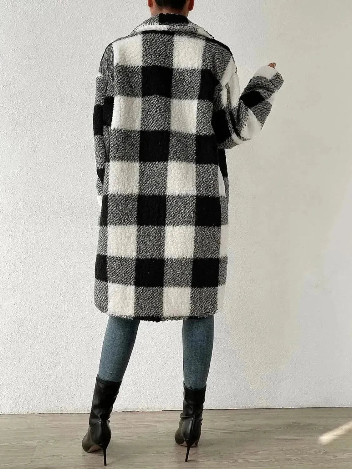 Plaid Collared Neck Button Down Coat - Bad Moms Club
