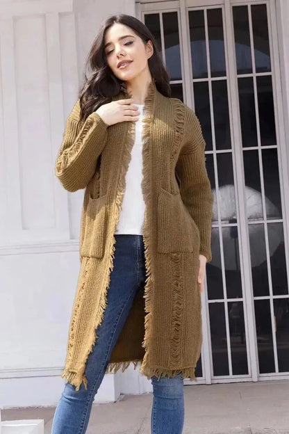 Fringe Trim Open Front Cardigan with Pockets - Bad Moms Club