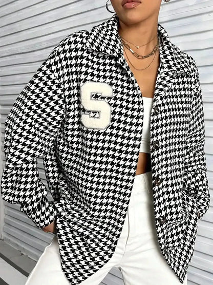 Houndstooth Button Down Long Sleeve Shacket - Bad Moms Club