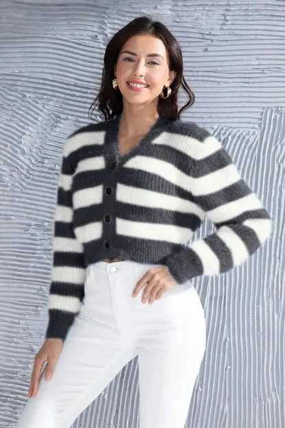 Striped Button Up Cropped Cardigan - Bad Moms Club