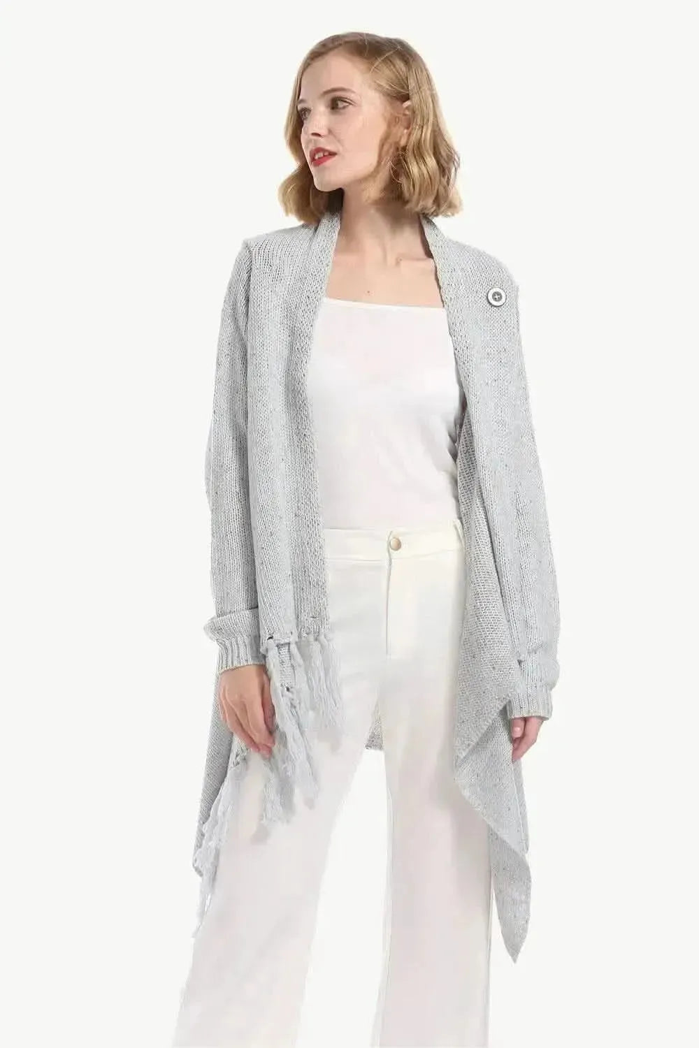 One-Button Tassel Tie Asymmetrical Hem Cardigan - Bad Moms Club