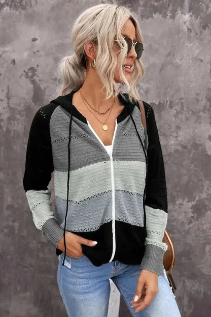 Zip-Up Raglan Sleeve Openwork Hooded Cardigan - Bad Moms Club