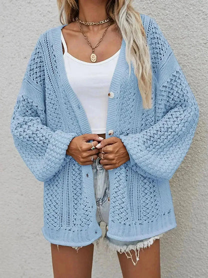Openwork Button Front Cardigan - Bad Moms Club