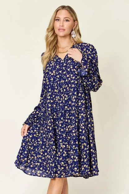 Double Take Full Size Printed Ruffle Hem Long Sleeve Tiered Dress - Bad Moms Club