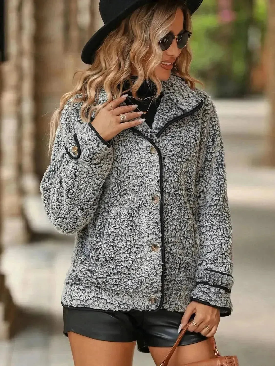 Fuzzy Pocketed Button Up Jacket - Bad Moms Club