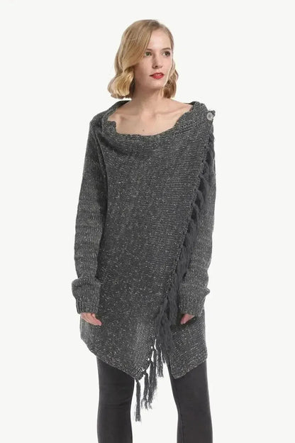 One-Button Tassel Tie Asymmetrical Hem Cardigan - Bad Moms Club