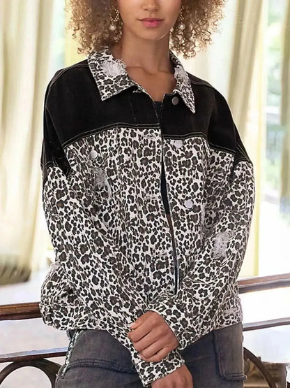 Leopard Print Dropped Shoulder Long Sleeve Denim Jacket - Bad Moms Club