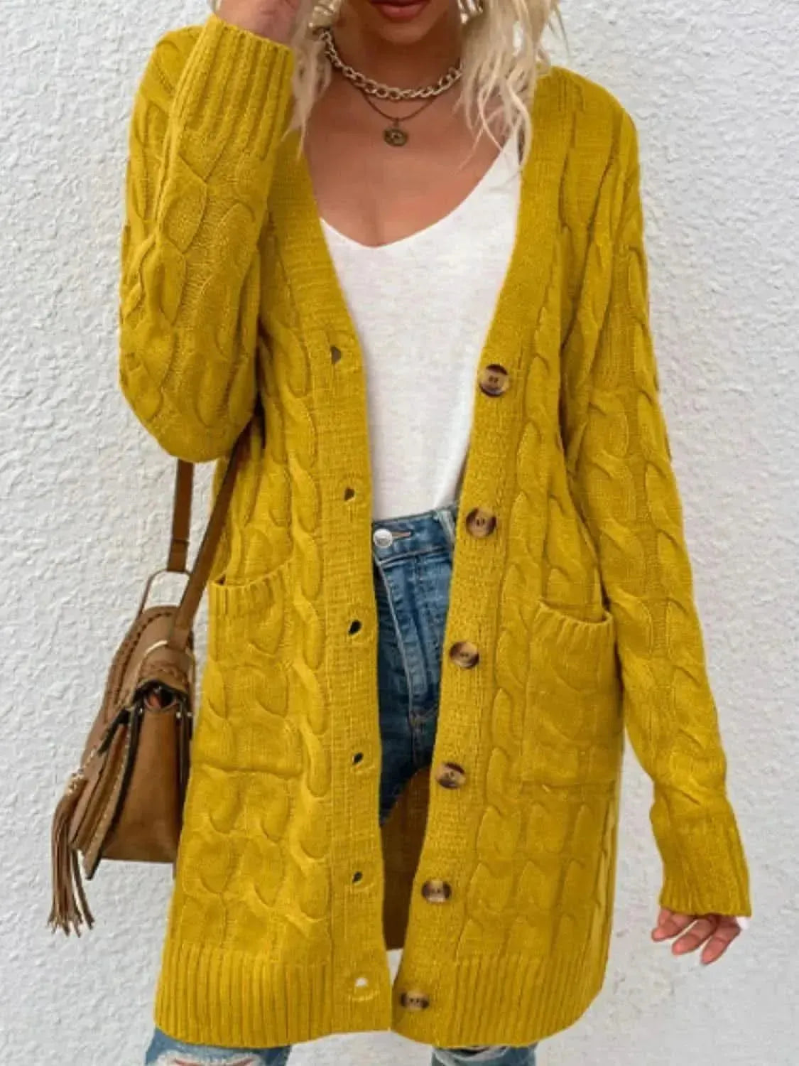 Cable-Knit Button Down Cardigan with Pockets - Bad Moms Club