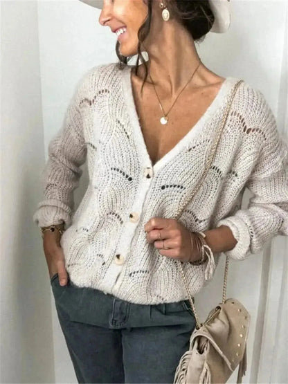 Openwork Button Up Long Sleeve Cardigan - Bad Moms Club