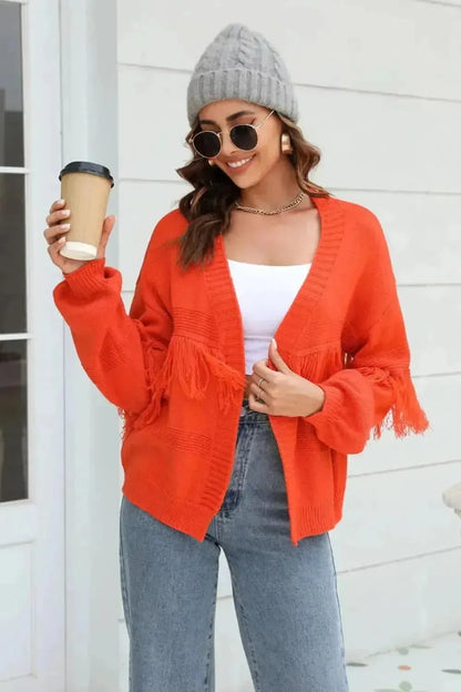 Fringe Trim Open Front Cardigan - Bad Moms Club