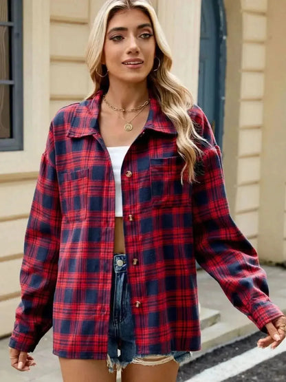 Plaid Collared Neck Long Sleeve Shirt - Bad Moms Club