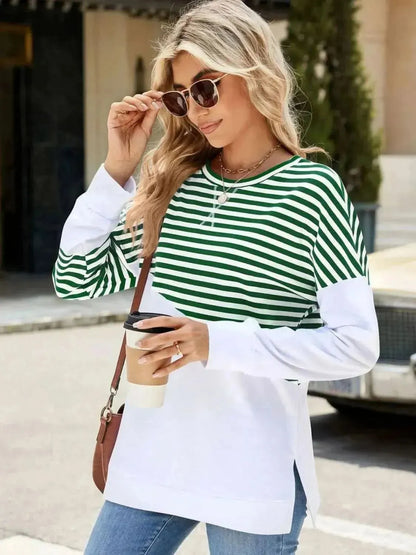 Slit Contrast Striped Long Sleeve Sweatshirt - Bad Moms Club