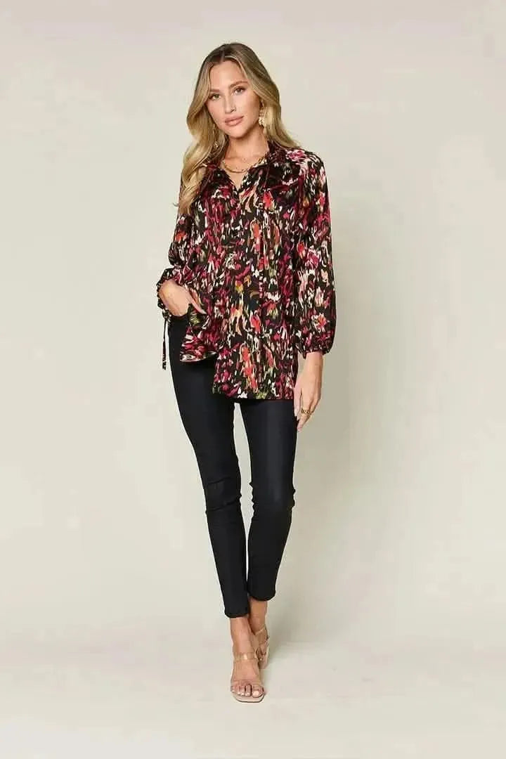Double Take Full Size Printed Button Up Long Sleeve Shirt - Bad Moms Club