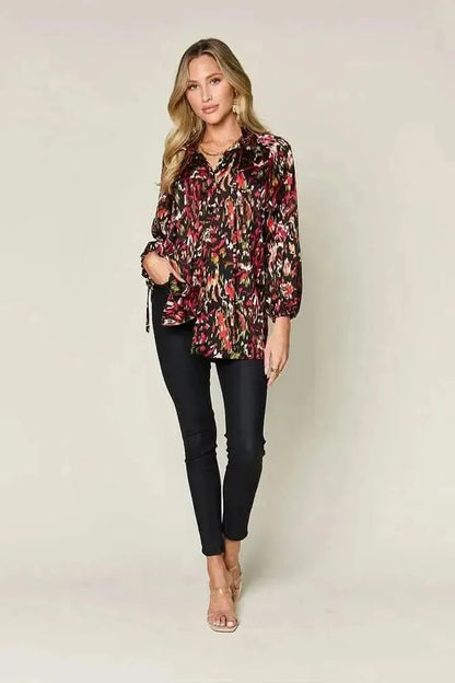 Double Take Full Size Printed Button Up Long Sleeve Shirt - Bad Moms Club