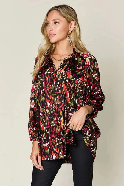 Double Take Full Size Printed Button Up Long Sleeve Shirt - Bad Moms Club