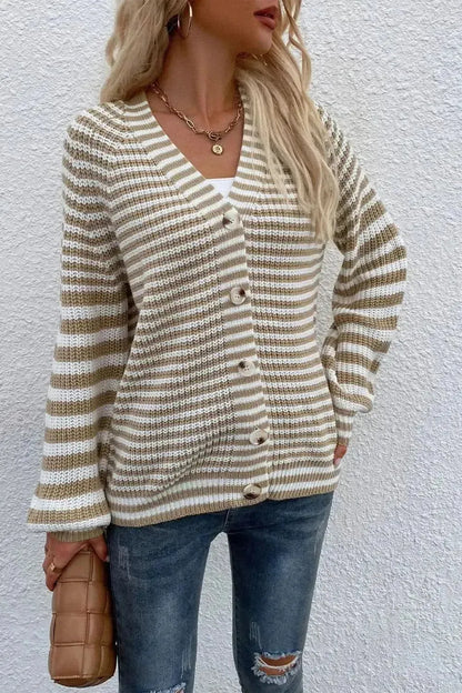 Striped V-Neck Button-Down Cardigan - Bad Moms Club