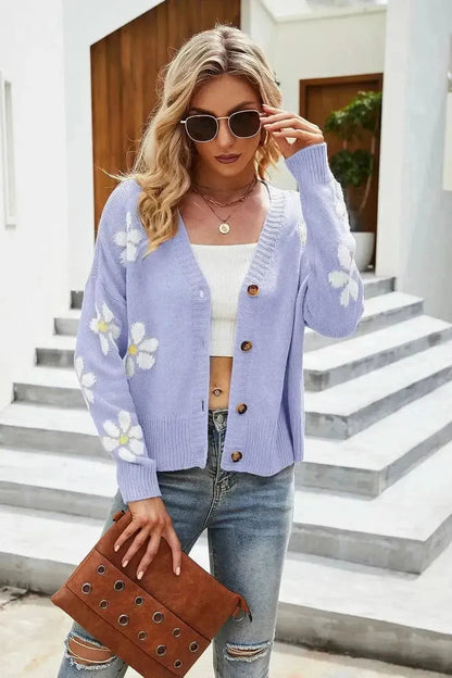 Flower Pattern Button Front Cardigan - Bad Moms Club
