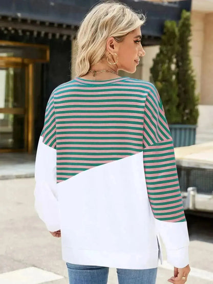 Slit Contrast Striped Long Sleeve Sweatshirt - Bad Moms Club